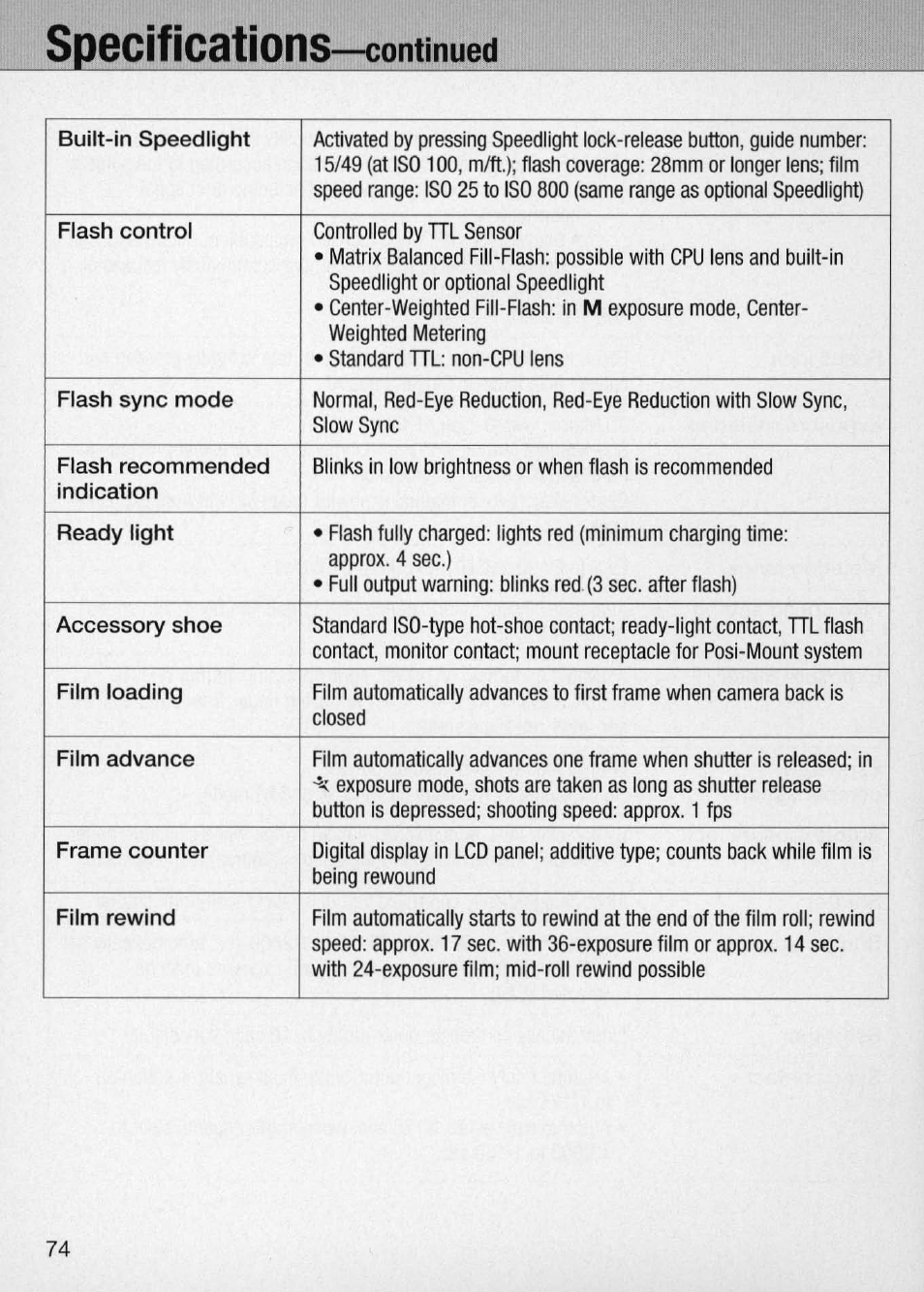 Specifications —continued, Specifications, Continued | Nikon Camera N60 User Manual | Page 74 / 82