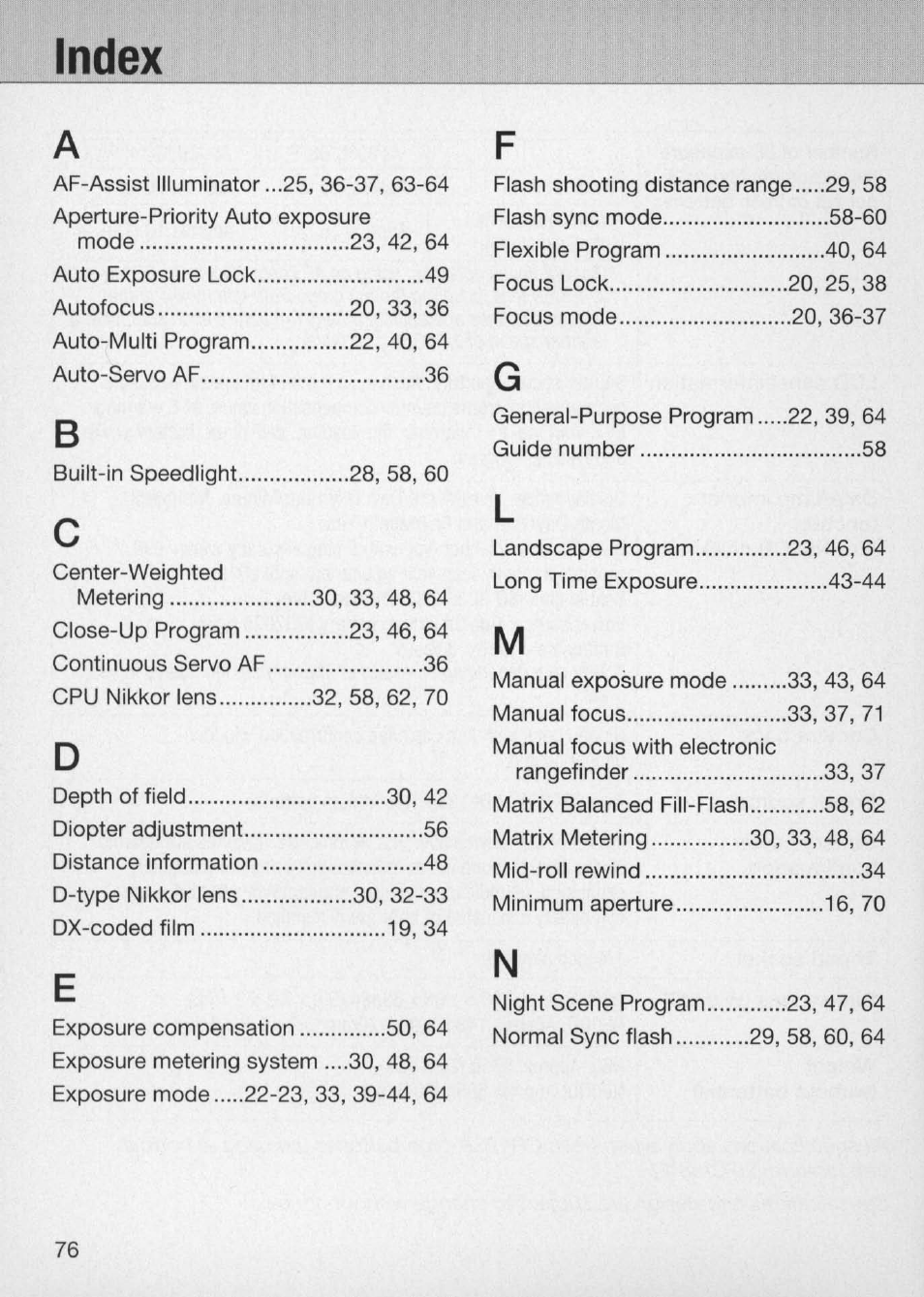 Index, Index -77, Index f | Nikon Camera N60 User Manual | Page 76 / 82