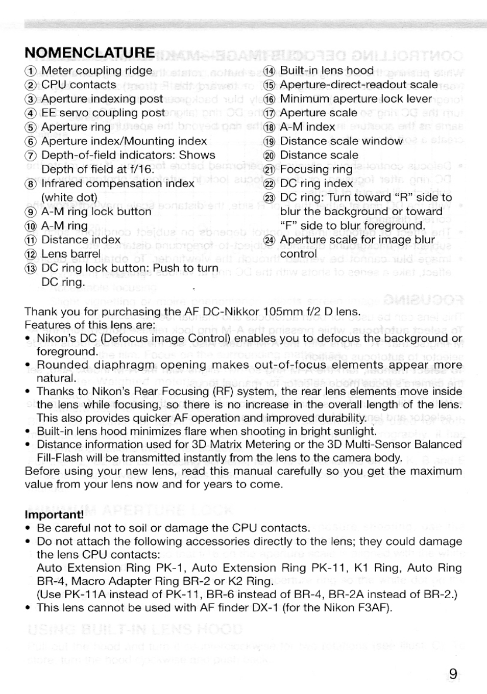 Nomenclature | Nikon AF DC-Nikkor 105mm f/2 D User Manual | Page 2 / 5