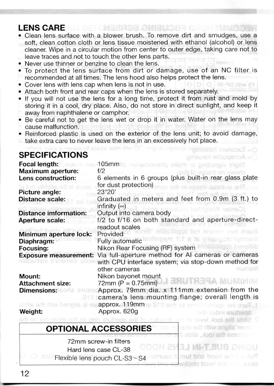 Lens care, Specifications, Optional accessories | Nikon AF DC-Nikkor 105mm f/2 D User Manual | Page 5 / 5