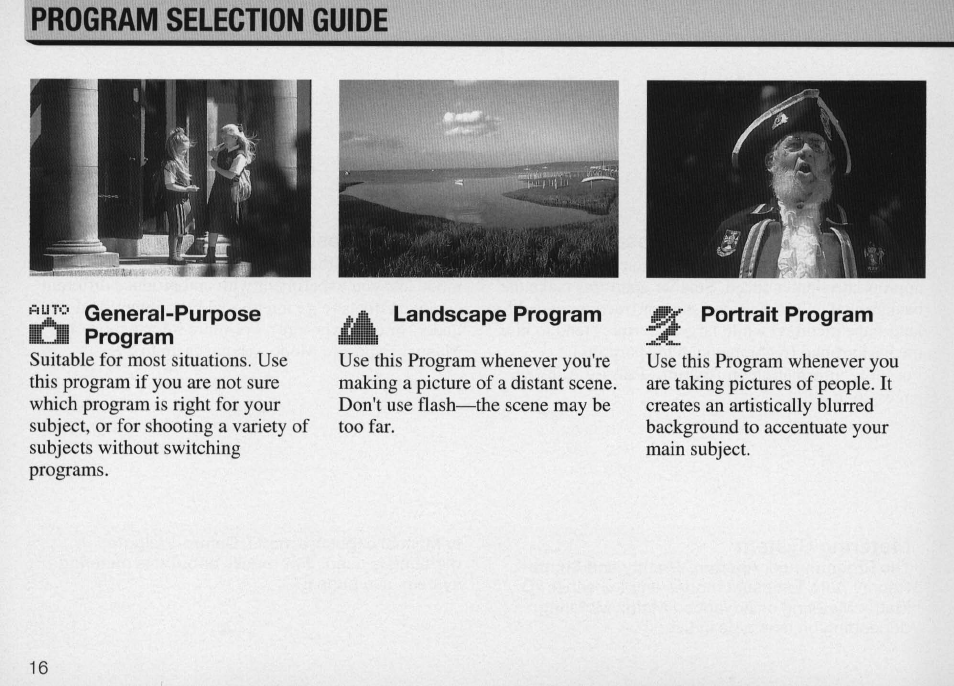 Available exposure modes, Programmed auto exposure mode, Shutter-priority auto exposure mode | Available exposure modes -15 | Nikon Camera F50 User Manual | Page 16 / 97