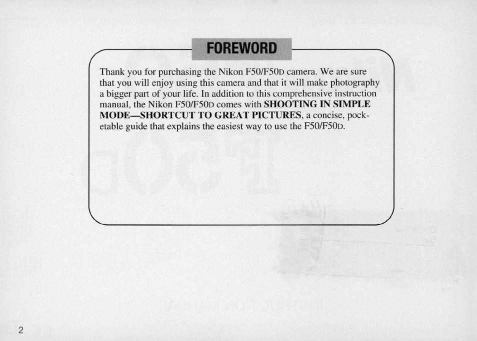 Foreword | Nikon Camera F50 User Manual | Page 2 / 97