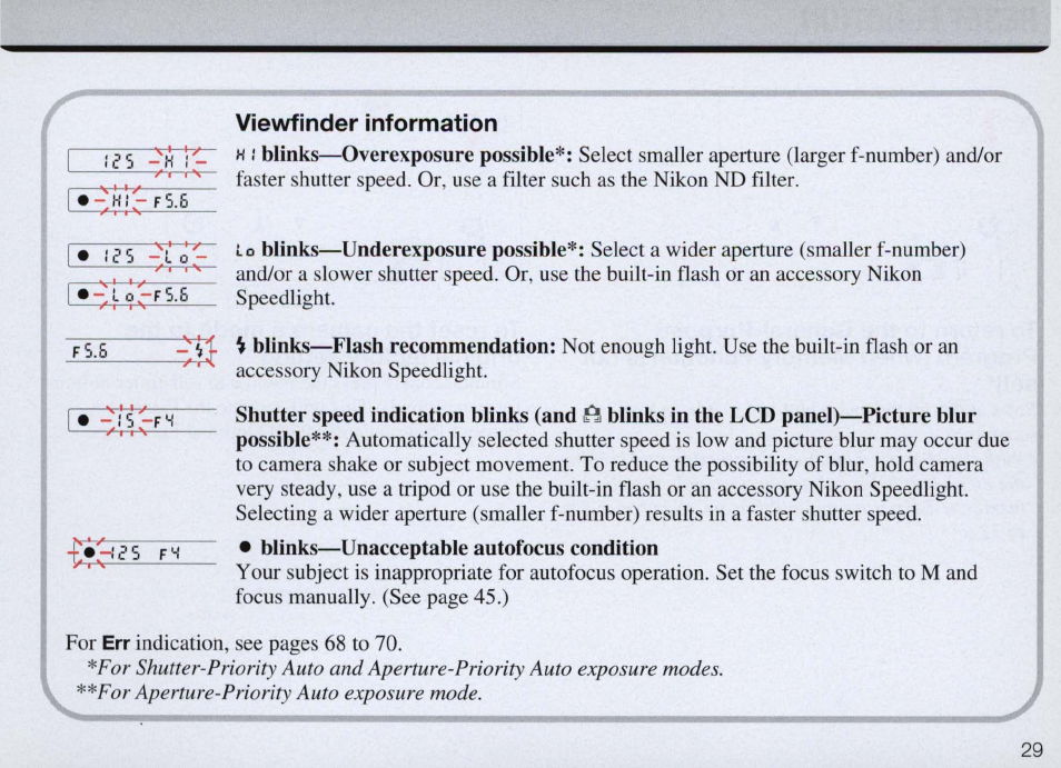Operation in other exposure modes | Nikon Camera F50 User Manual | Page 29 / 97