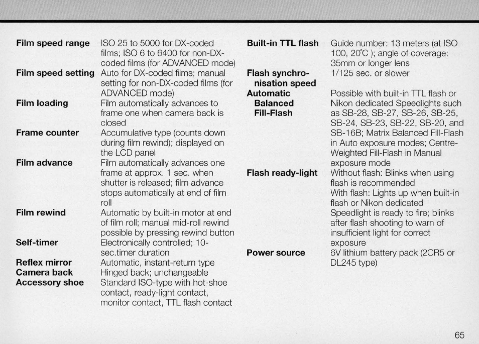 Flash shooting distance range | Nikon Camera F50 User Manual | Page 65 / 97
