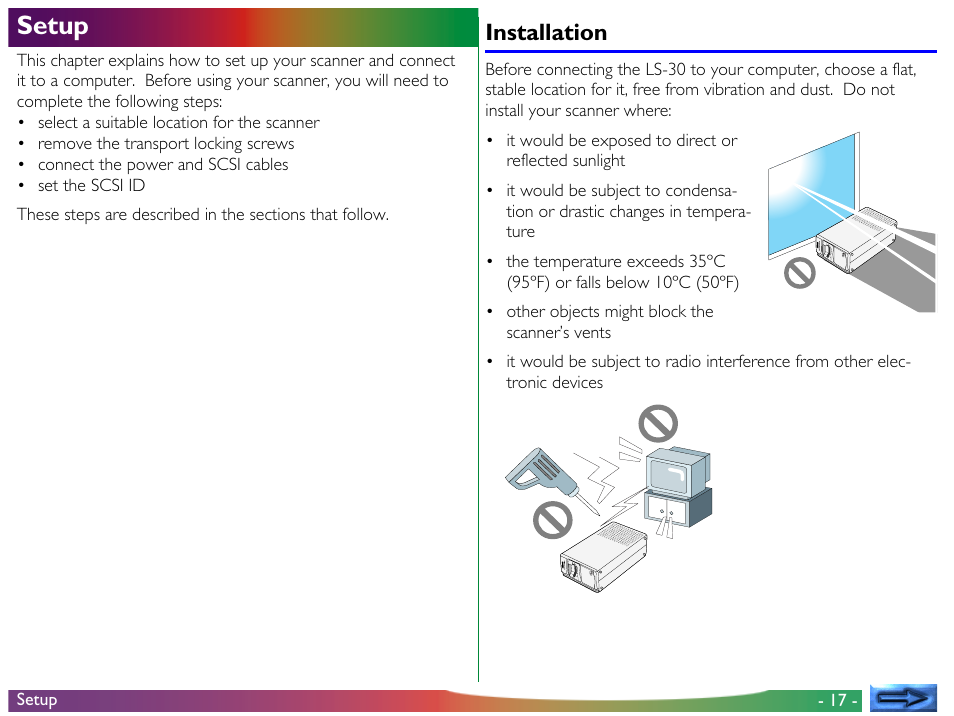 Setup, Installation | Nikon LS-30 User Manual | Page 17 / 49