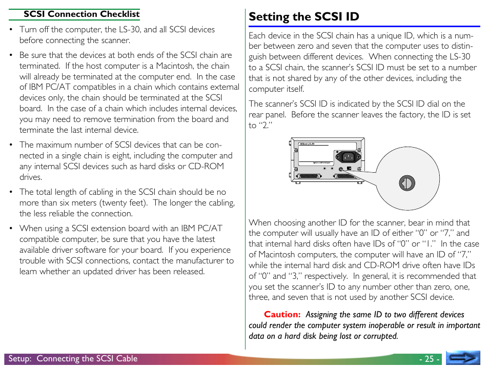 Setting the scsi id | Nikon LS-30 User Manual | Page 25 / 49