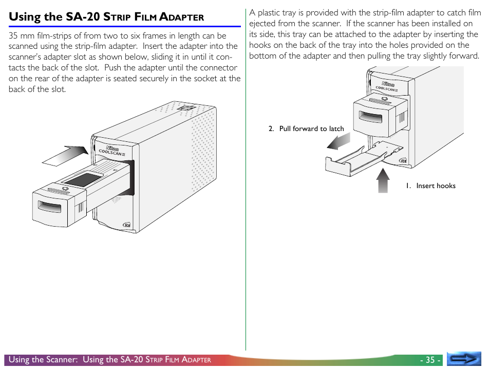 Using the sa-20 strip film adapter, Using the sa-20 s | Nikon LS-30 User Manual | Page 35 / 49
