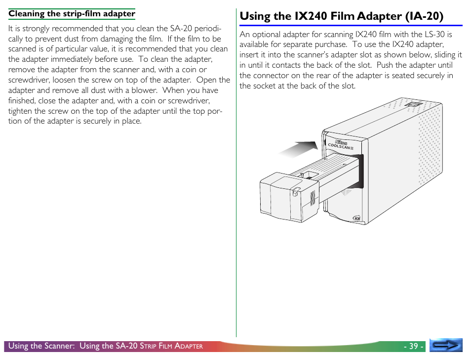 Using the ix240 film adapter (ia-20) | Nikon LS-30 User Manual | Page 39 / 49
