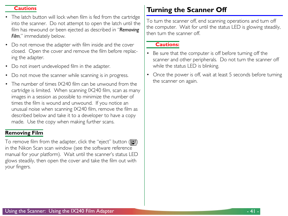 Turning the scanner off | Nikon LS-30 User Manual | Page 41 / 49
