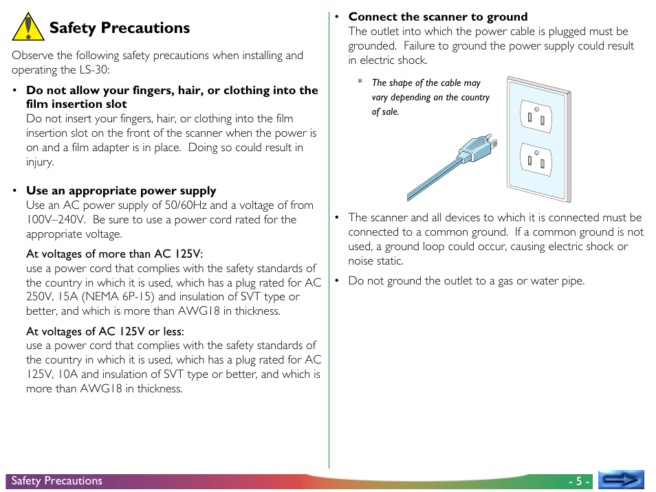 Safety precautions | Nikon LS-30 User Manual | Page 5 / 49