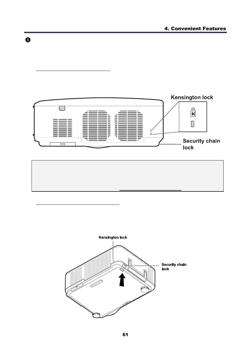 8) using the physical lock, Using the kensington lock, Using the security chain lock | Sing the, Hysical, Using the physical lock | Nikon NP4100 User Manual | Page 76 / 158