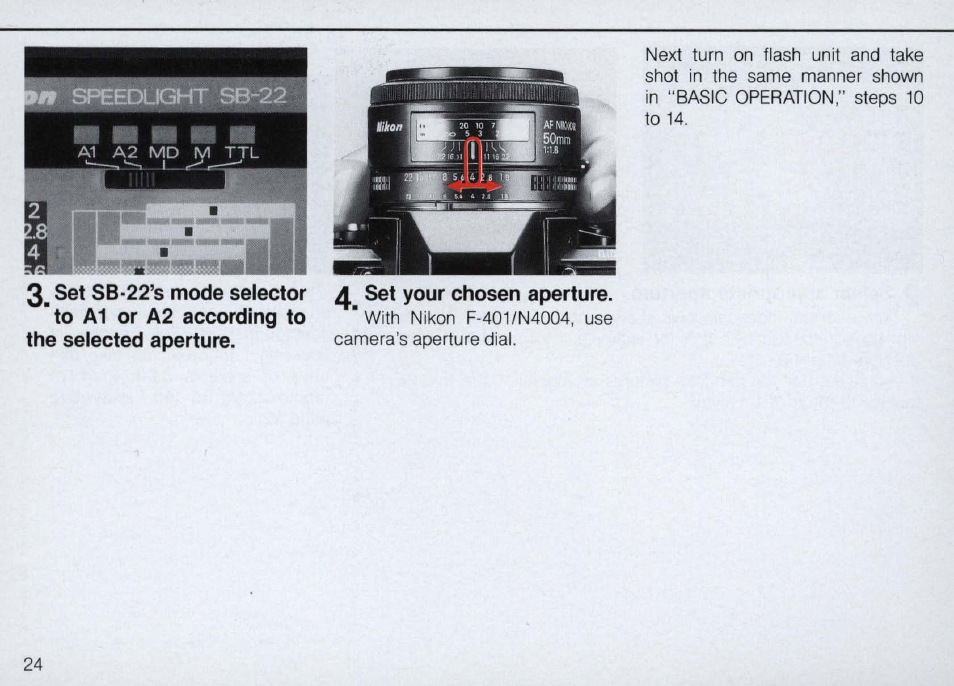 3_ seiect and set aperture, Align film speed in use 'with the fiim speed index | Nikon Autofocus Speedlight SB-22 User Manual | Page 24 / 84