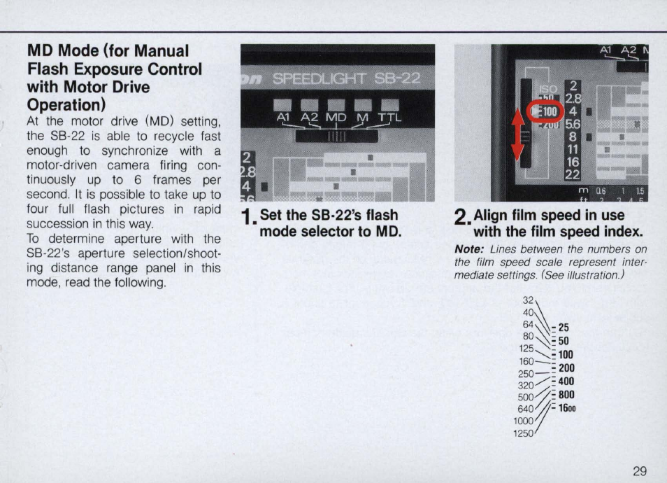 Align film speed in use with film speed ' index, E400, 125v | Nikon Autofocus Speedlight SB-22 User Manual | Page 29 / 84