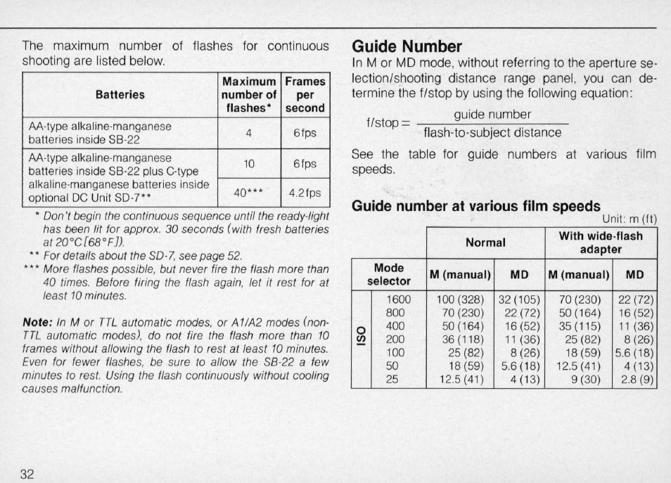 Shooting distance range in a1 or a2 mode | Nikon Autofocus Speedlight SB-22 User Manual | Page 32 / 84