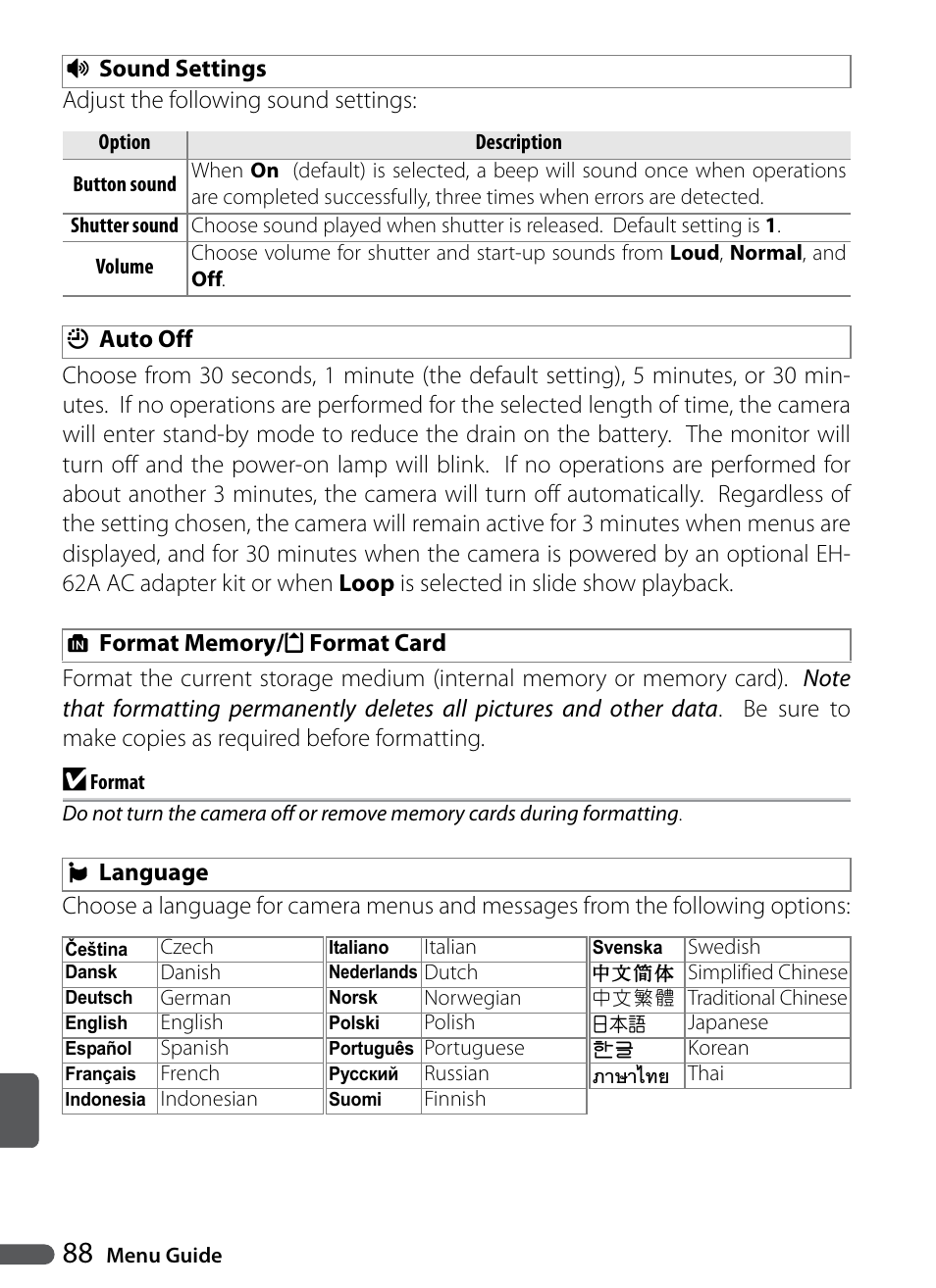 Sound settings, Auto off, Format memory/format card | Language | Nikon Coolpix P5000 User Manual | Page 100 / 127