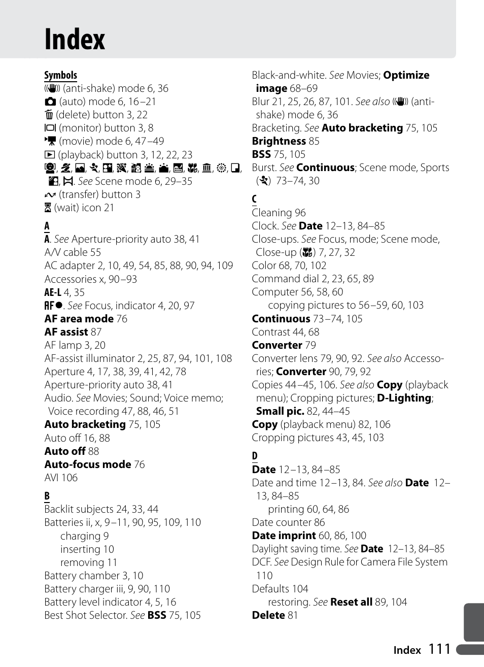 Index | Nikon Coolpix P5000 User Manual | Page 123 / 127