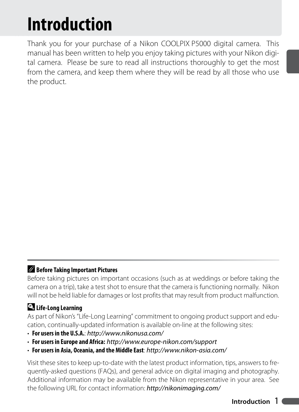 Introduction | Nikon Coolpix P5000 User Manual | Page 13 / 127