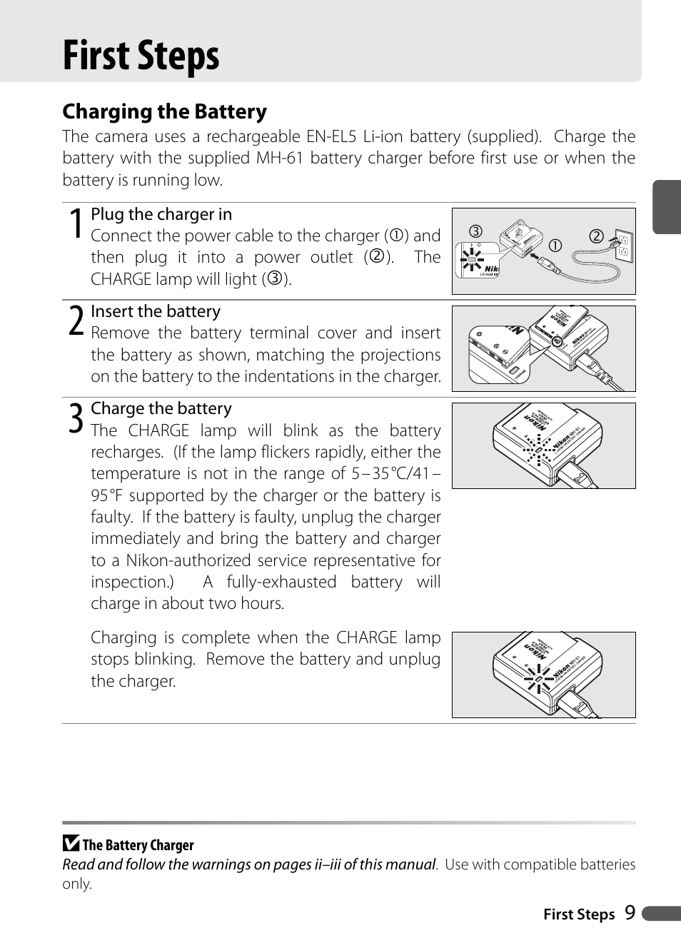 First steps, Charging the battery | Nikon Coolpix P5000 User Manual | Page 21 / 127