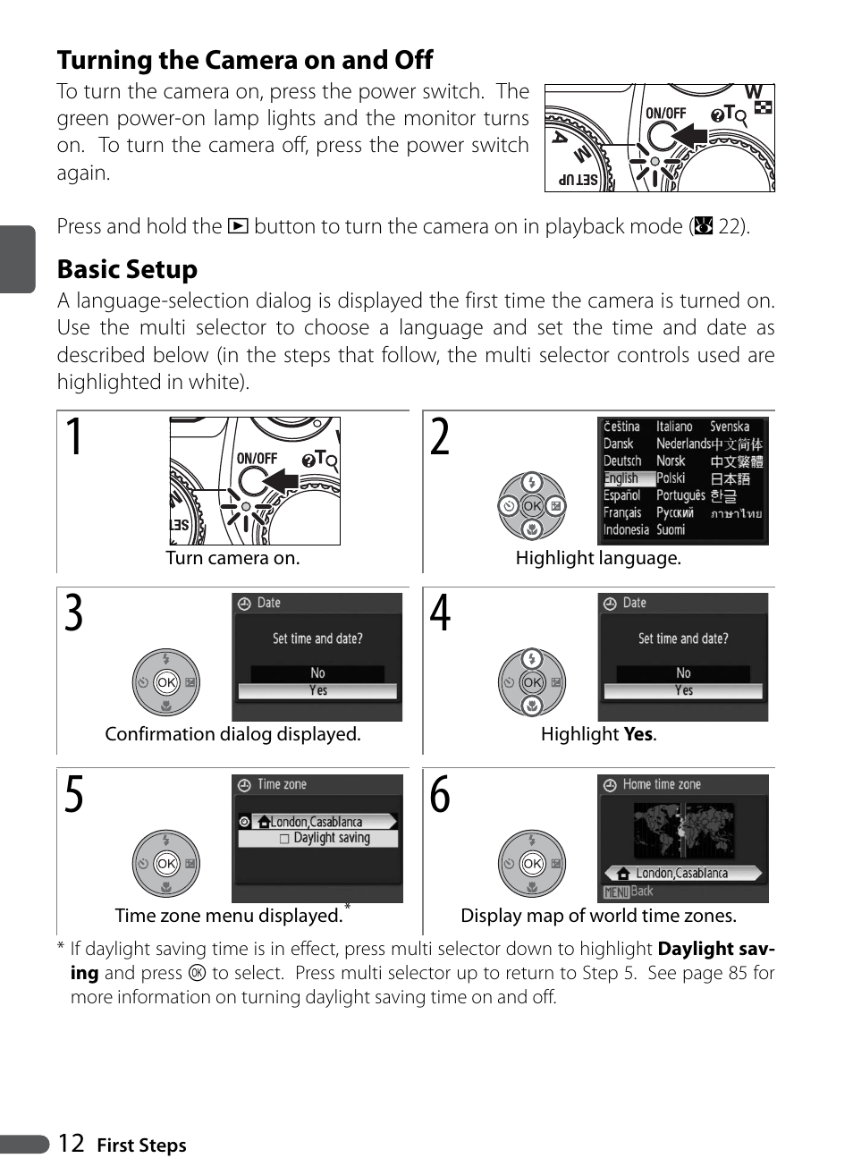 Turning the camera on and off, Basic setup | Nikon Coolpix P5000 User Manual | Page 24 / 127