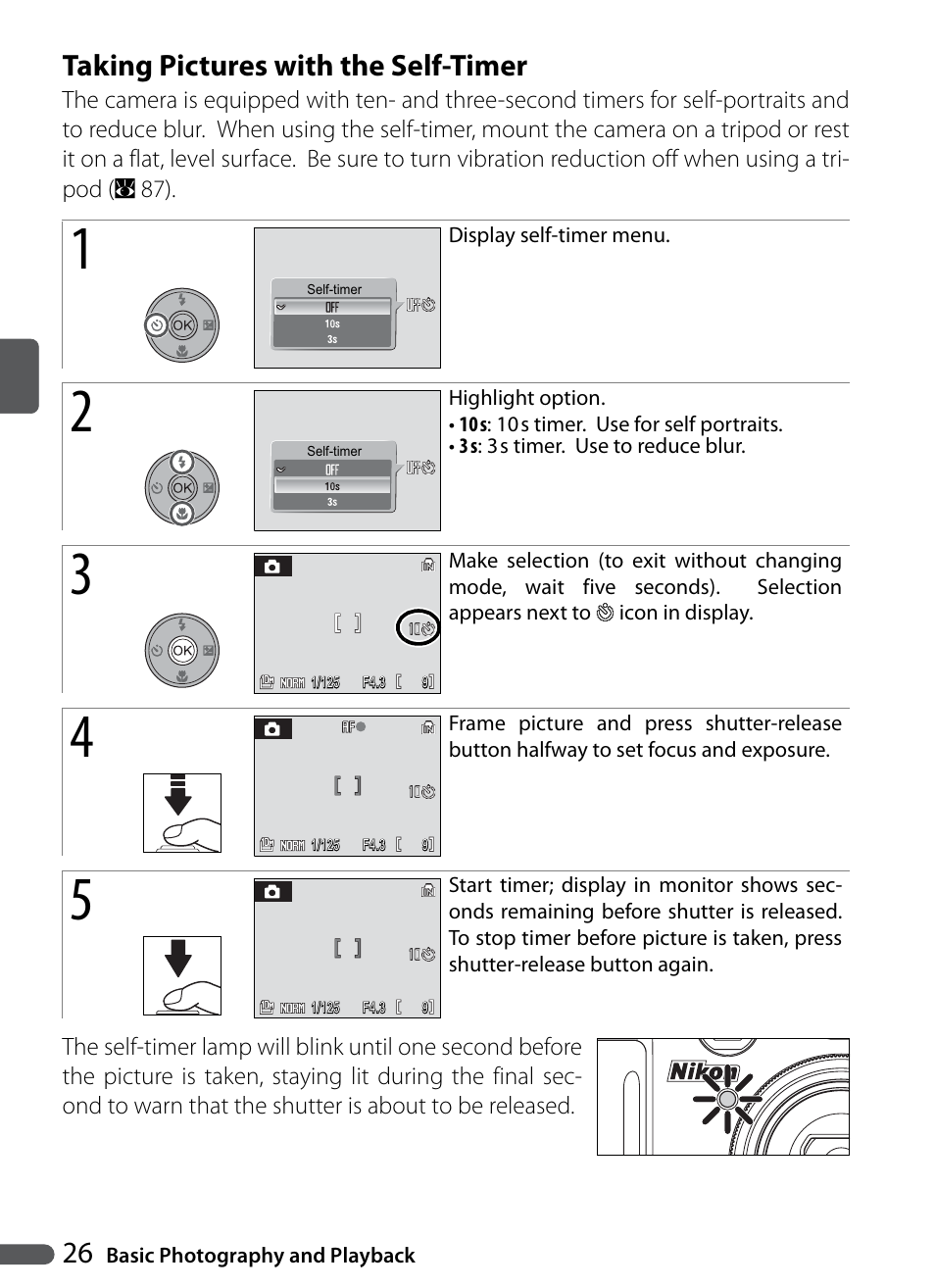 Taking pictures with the self-timer | Nikon Coolpix P5000 User Manual | Page 38 / 127