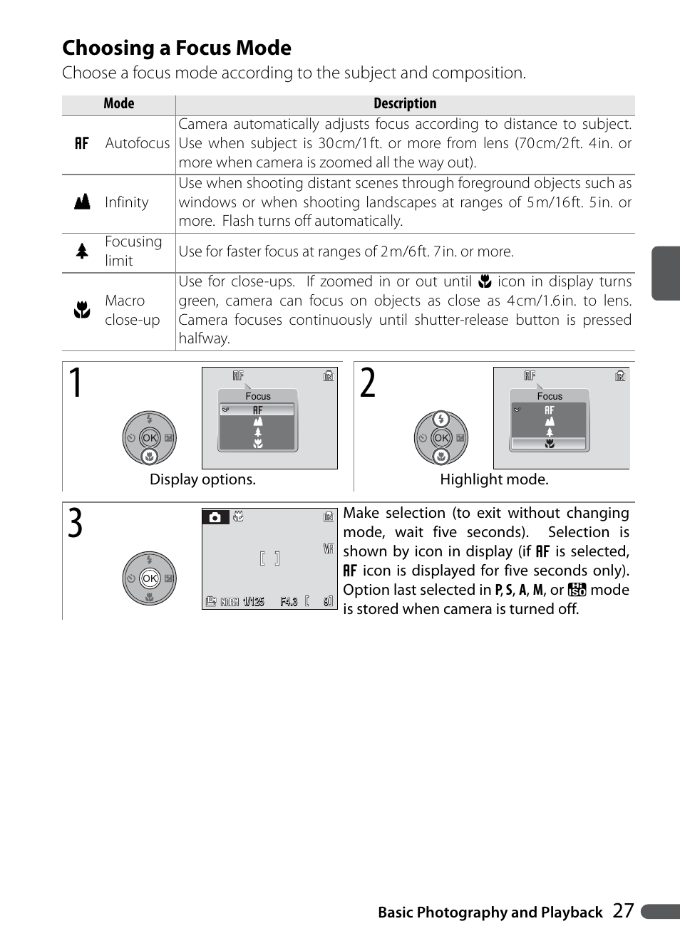 Choosing a focus mode, 27 choosing a focus mode | Nikon Coolpix P5000 User Manual | Page 39 / 127