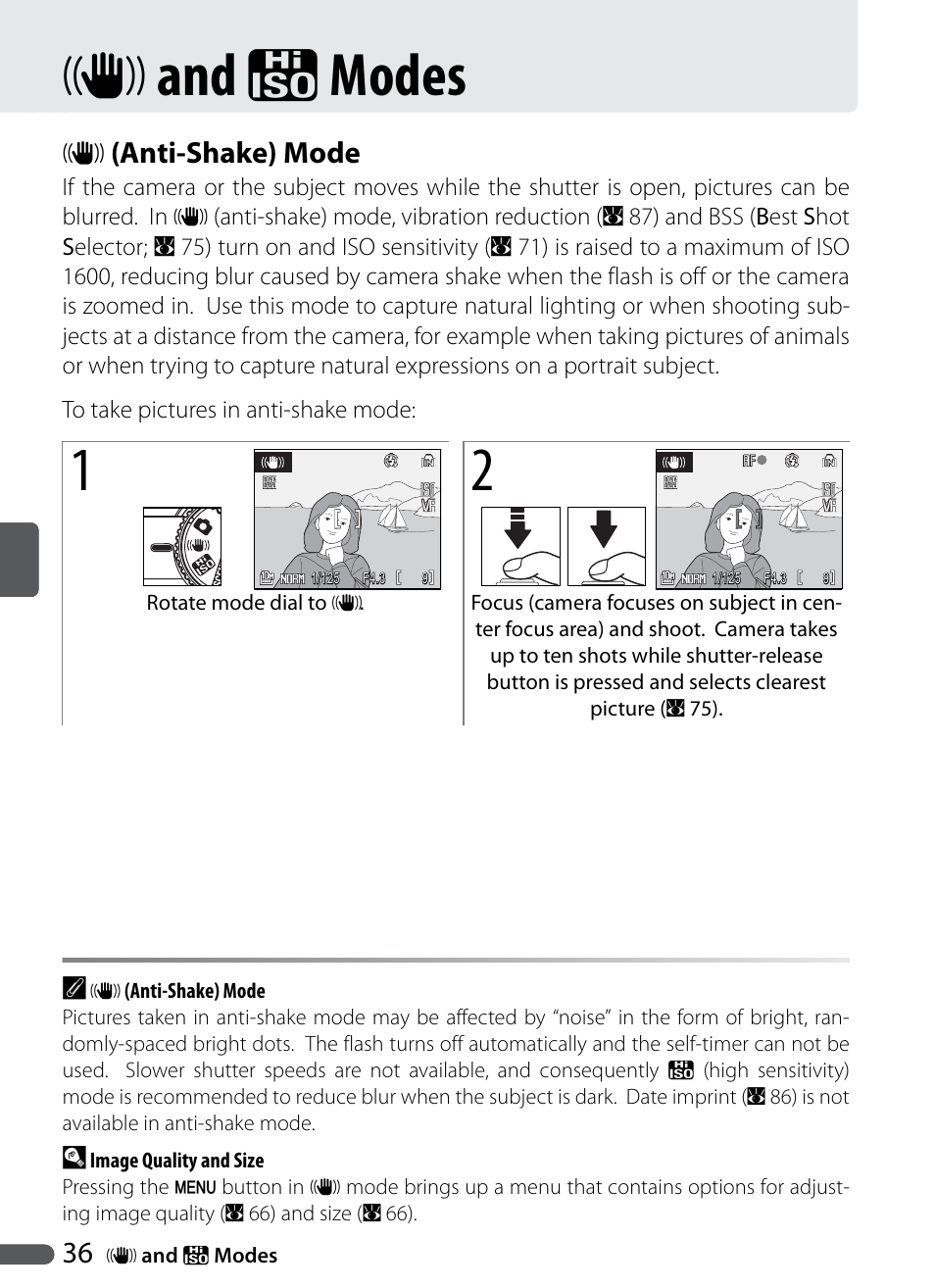 Anti-shake and high sensitivity modes, Anti-shake mode, P and t modes | P (anti-shake) mode | Nikon Coolpix P5000 User Manual | Page 48 / 127