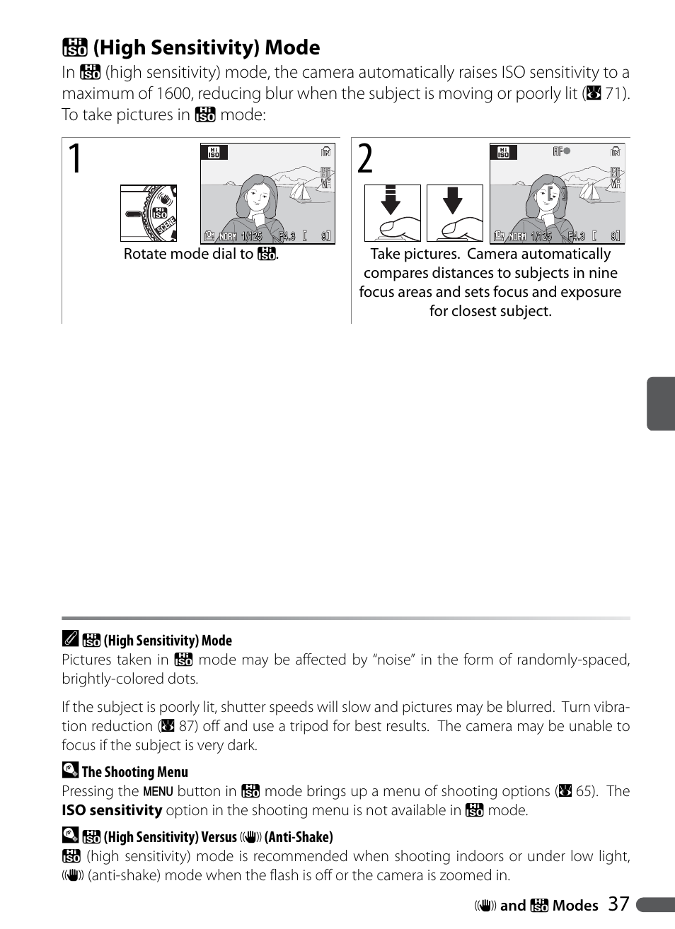 High sensitivity mode, 37 t (high sensitivity) mode | Nikon Coolpix P5000 User Manual | Page 49 / 127