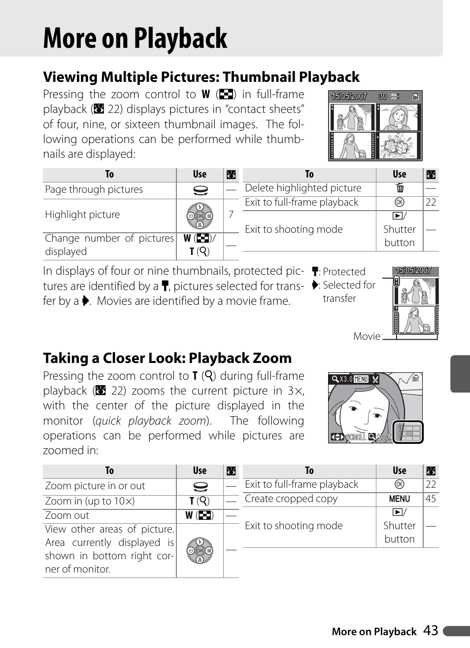 More on playback, Viewing multiple pictures: thumbnail playback, Taking a closer look: playback zoom | Nikon Coolpix P5000 User Manual | Page 55 / 127