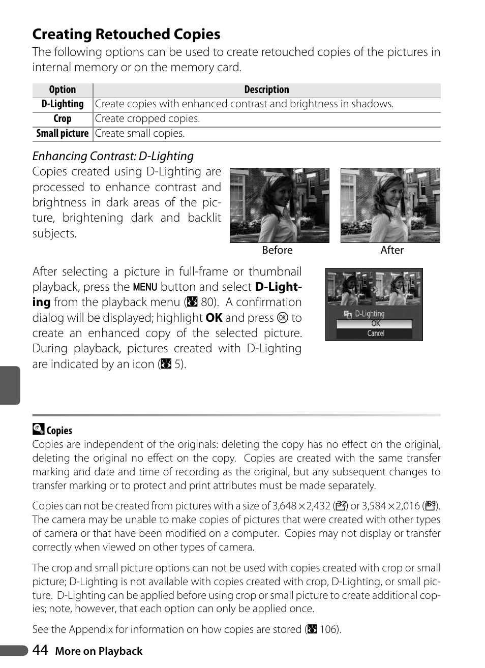 Creating retouched copies, D-lighting | Nikon Coolpix P5000 User Manual | Page 56 / 127