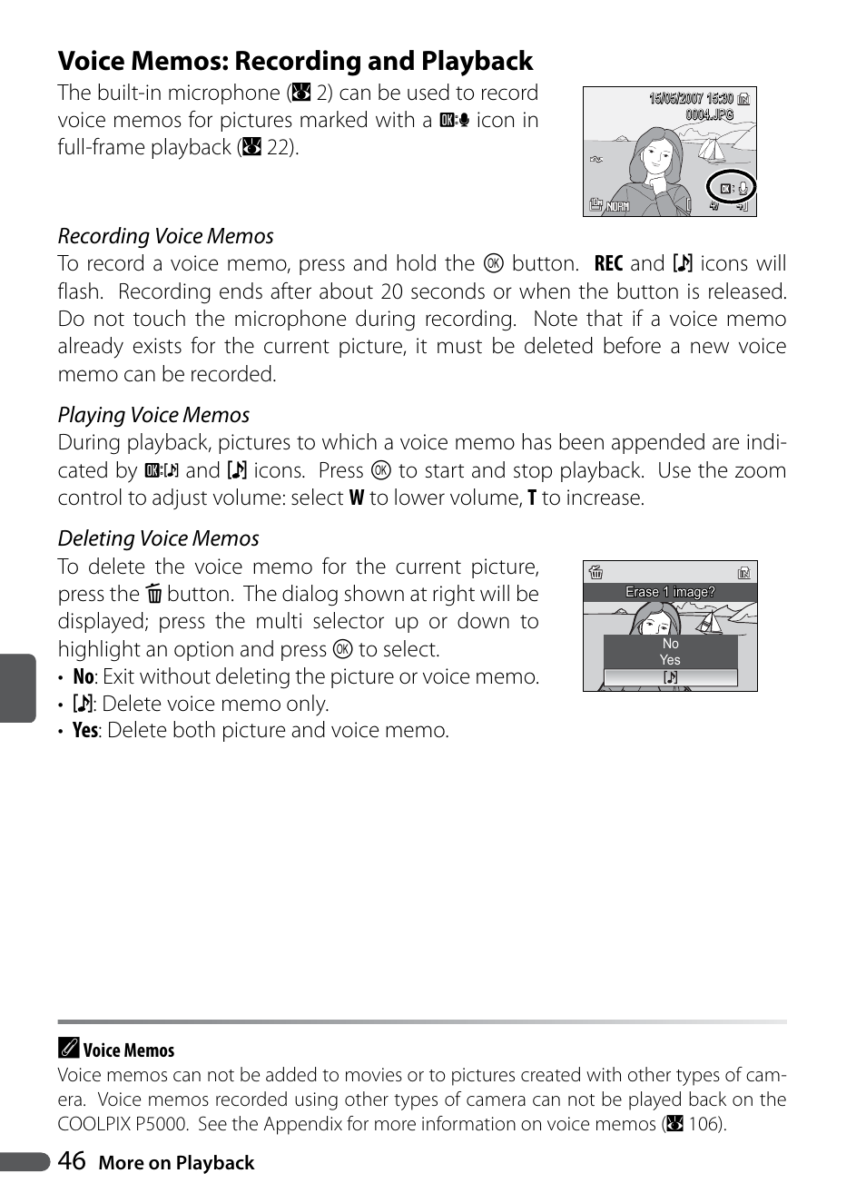 Voice memos: recording and playback | Nikon Coolpix P5000 User Manual | Page 58 / 127