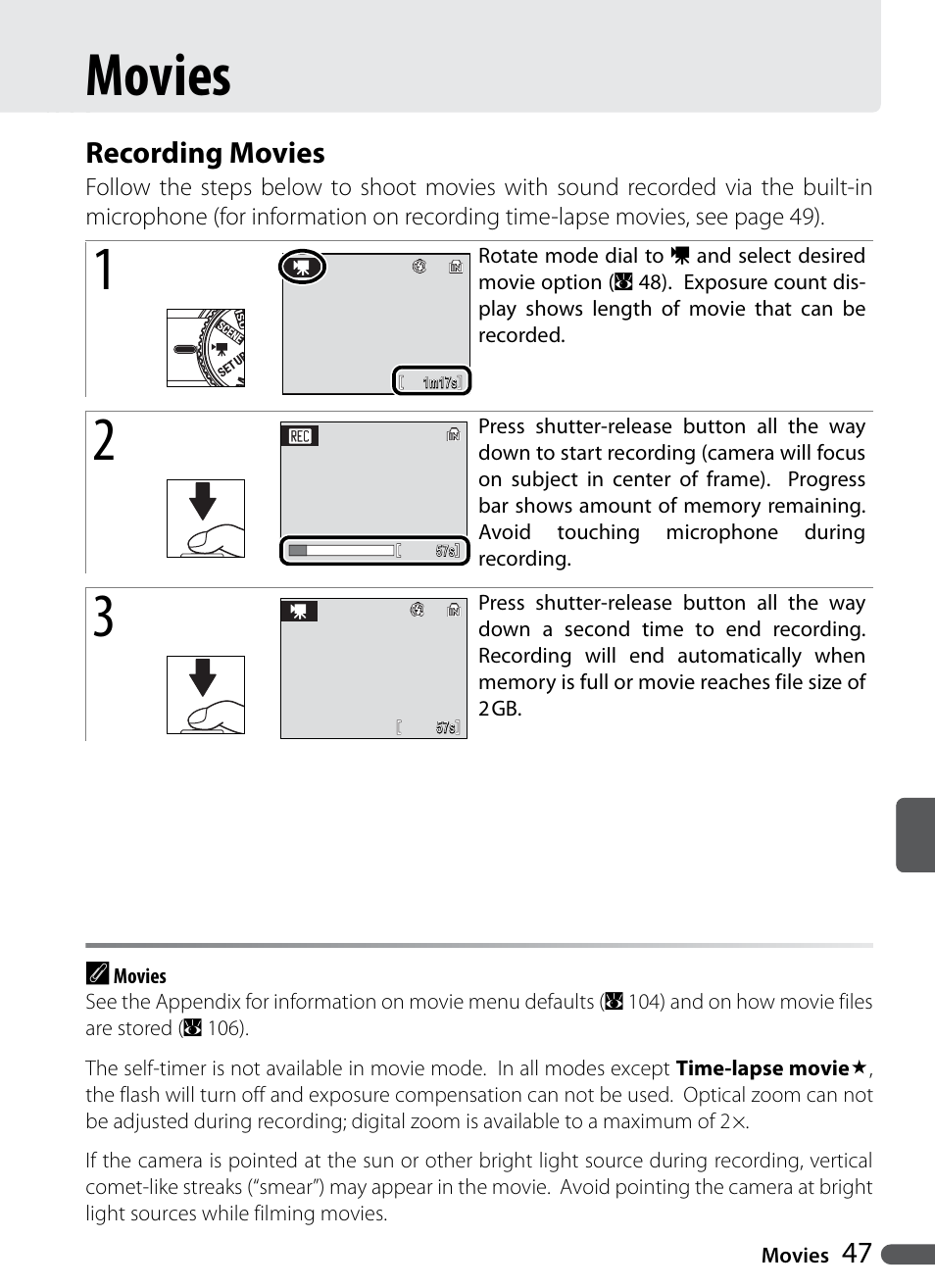 Movies, Recording movies | Nikon Coolpix P5000 User Manual | Page 59 / 127