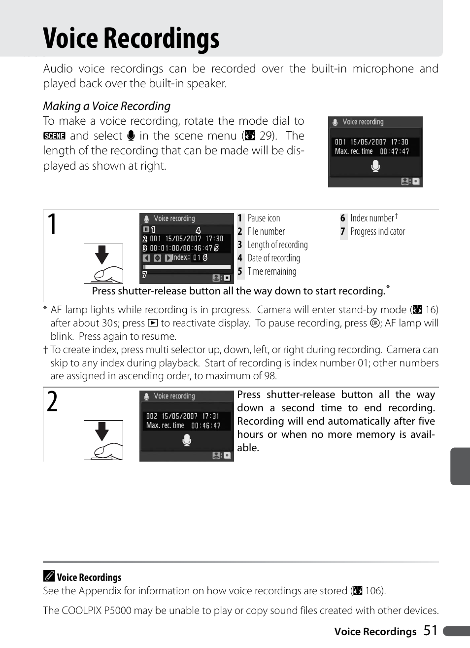 Voice recordings | Nikon Coolpix P5000 User Manual | Page 63 / 127