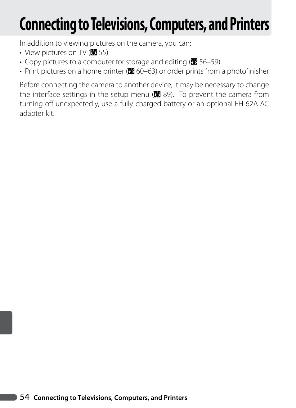 Connecting to televisions, computers, and printers | Nikon Coolpix P5000 User Manual | Page 66 / 127