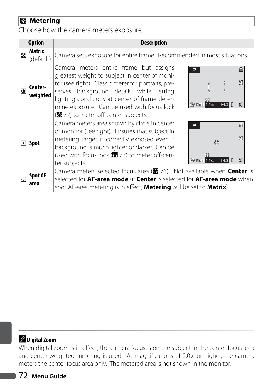 Metering, Choose how the camera meters exposure. p metering | Nikon Coolpix P5000 User Manual | Page 84 / 127