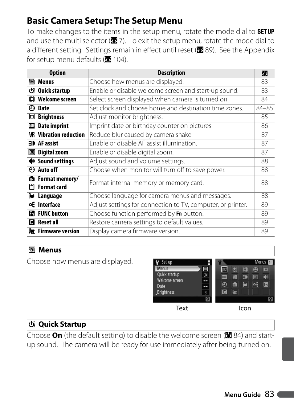 Basic camera setup: the setup menu, Menus, Quick startup | 83 basic camera setup: the setup menu | Nikon Coolpix P5000 User Manual | Page 95 / 127