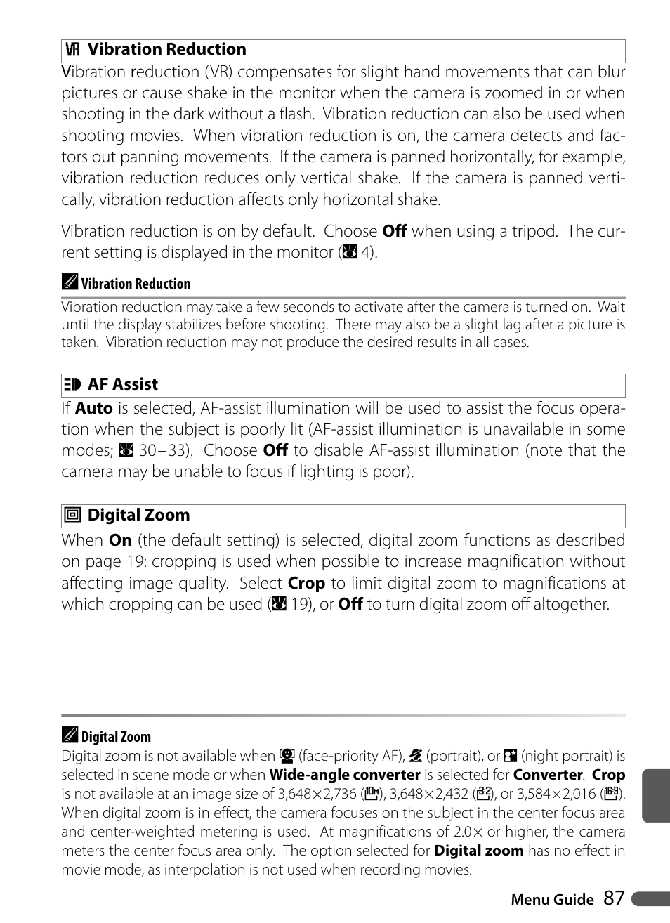 Vibration reduction, Af assist, Digital zoom | Nikon Coolpix P5000 User Manual | Page 99 / 127