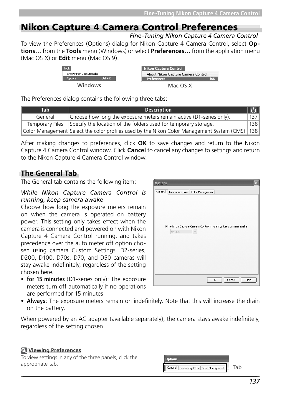 Nikon capture 4 camera control preferences, The general tab | Nikon 4 User Manual | Page 141 / 161