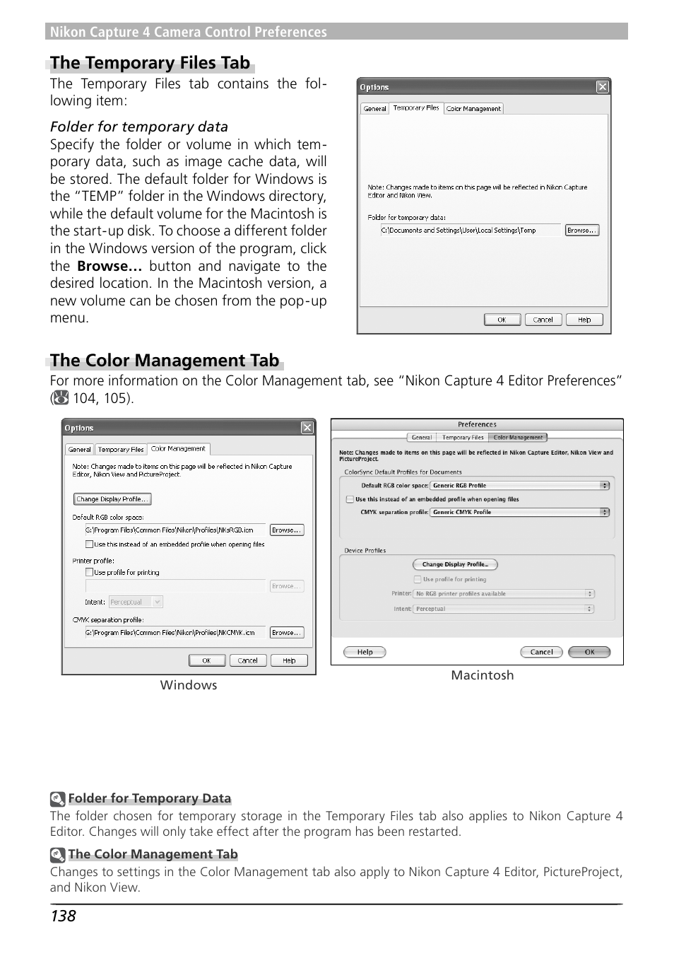 The temporary files tab, The color management tab | Nikon 4 User Manual | Page 142 / 161