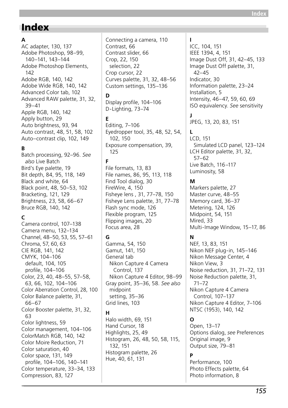 Index | Nikon 4 User Manual | Page 159 / 161