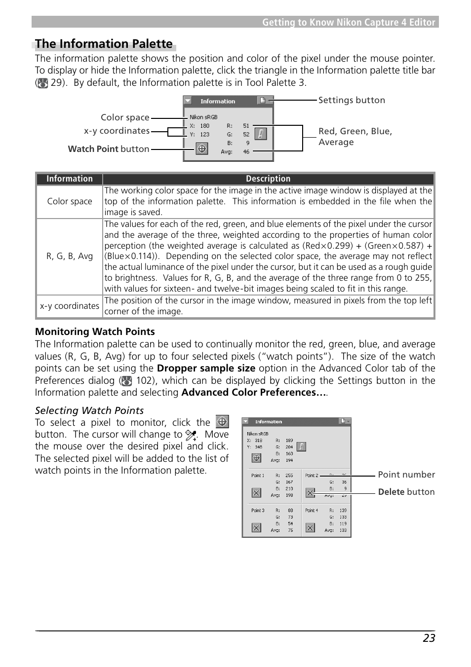 The information palette | Nikon 4 User Manual | Page 27 / 161