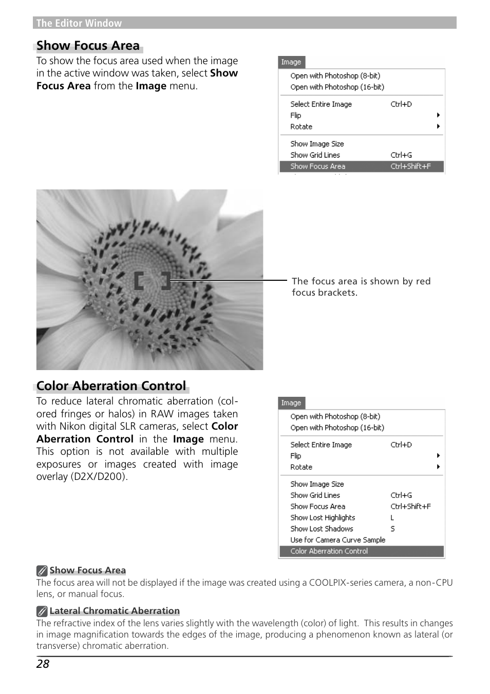 Show focus area, Color aberration control | Nikon 4 User Manual | Page 32 / 161