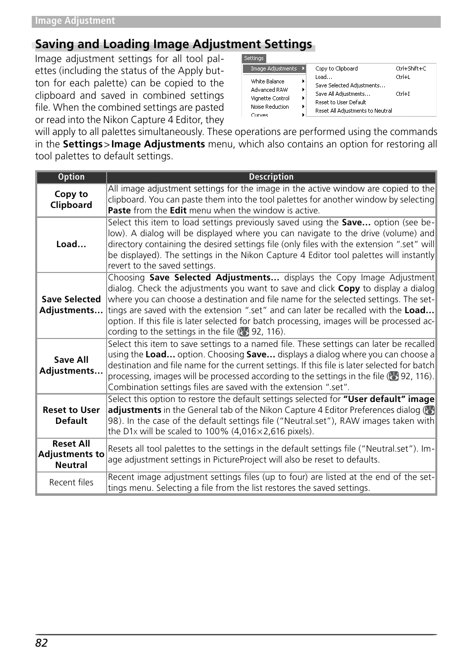 Saving and loading image adjustment settings | Nikon 4 User Manual | Page 86 / 161