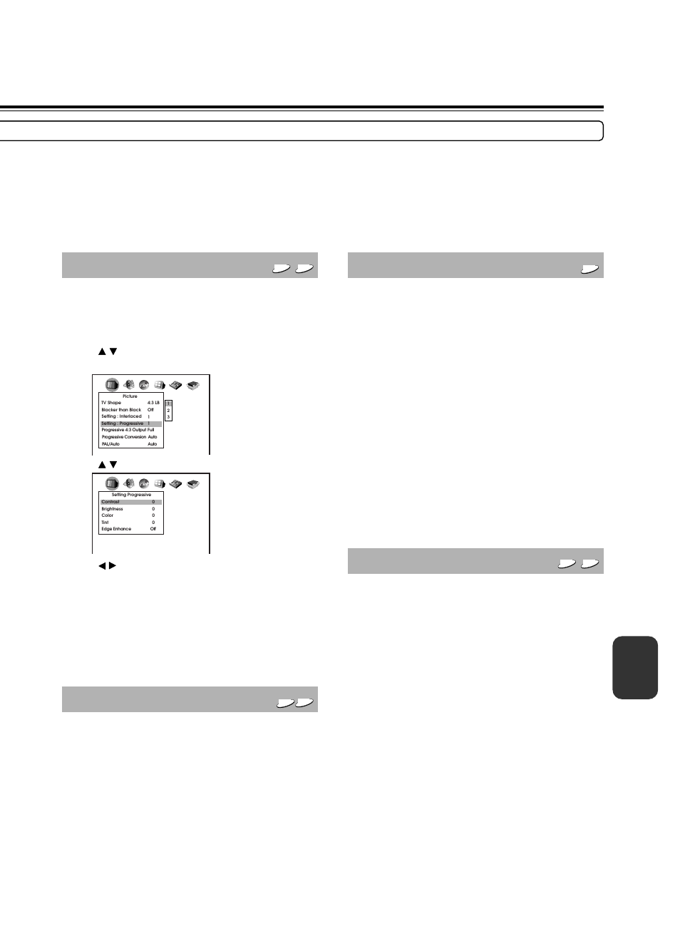 Progressive conversion, Pal/auto, Setting: progressive | Progressive 4:3 output | North American Battery Company DVD Audio/Video Player DV-S939 User Manual | Page 47 / 64