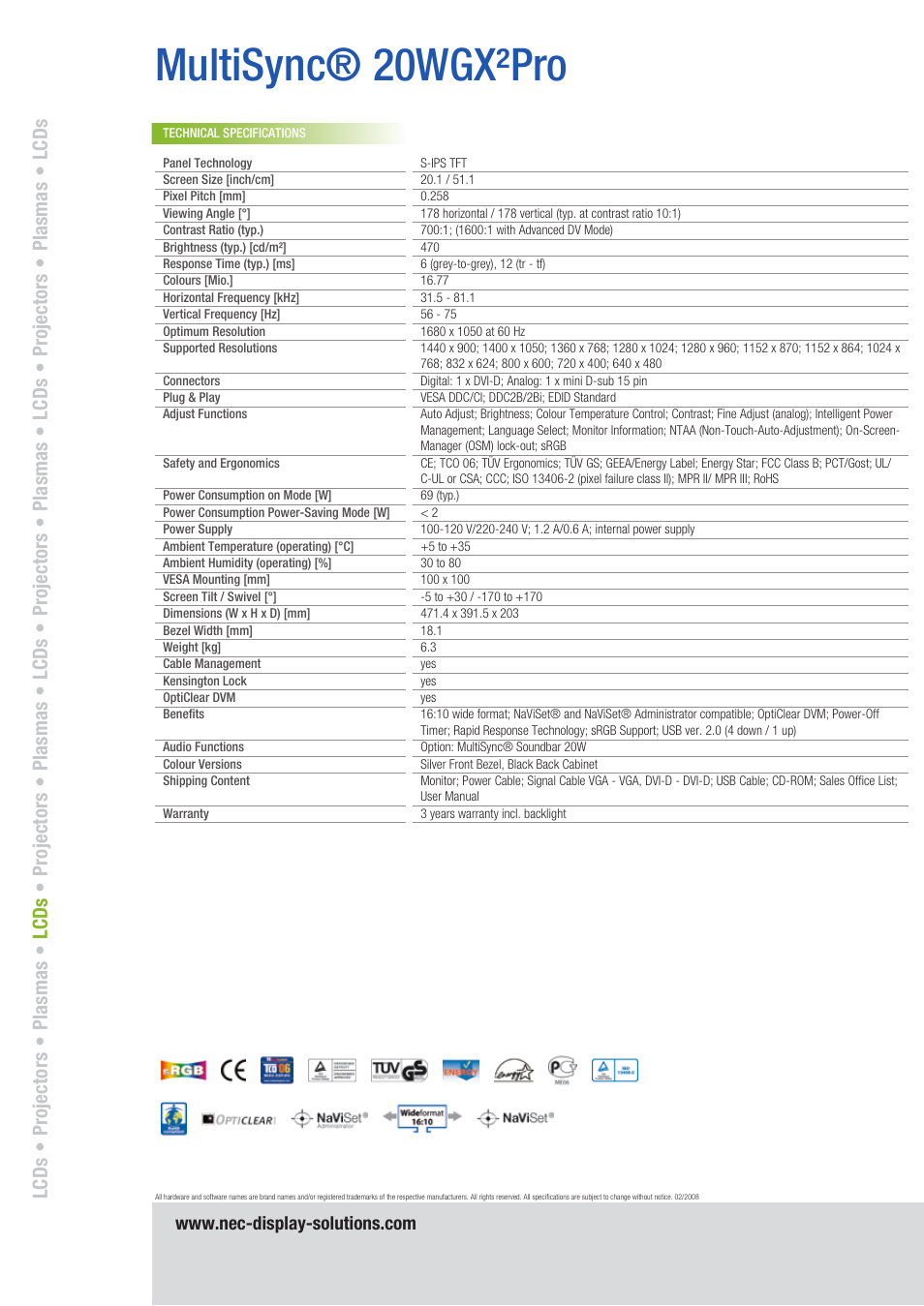 Multisync® 20wgx²pro | NEC 20WGX User Manual | Page 2 / 2