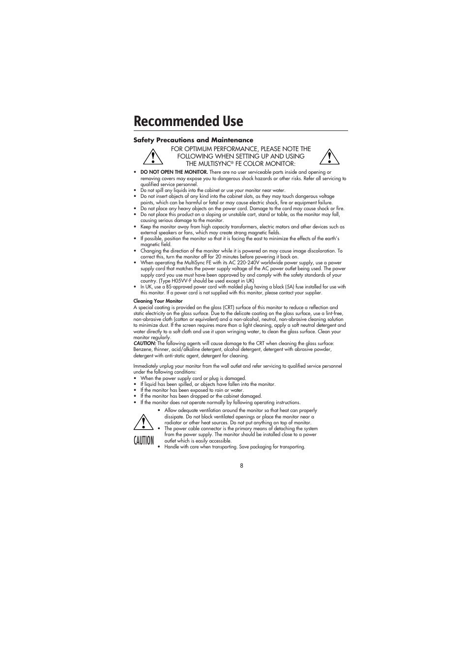 Recommended use, Caution | NEC FE991SB User Manual | Page 10 / 41