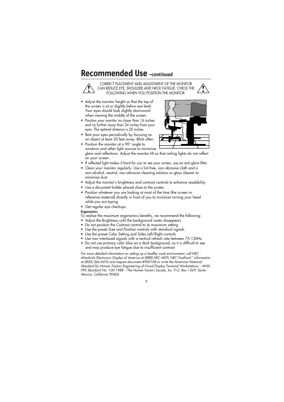 Recommended use, Continued | NEC FE991SB User Manual | Page 11 / 41