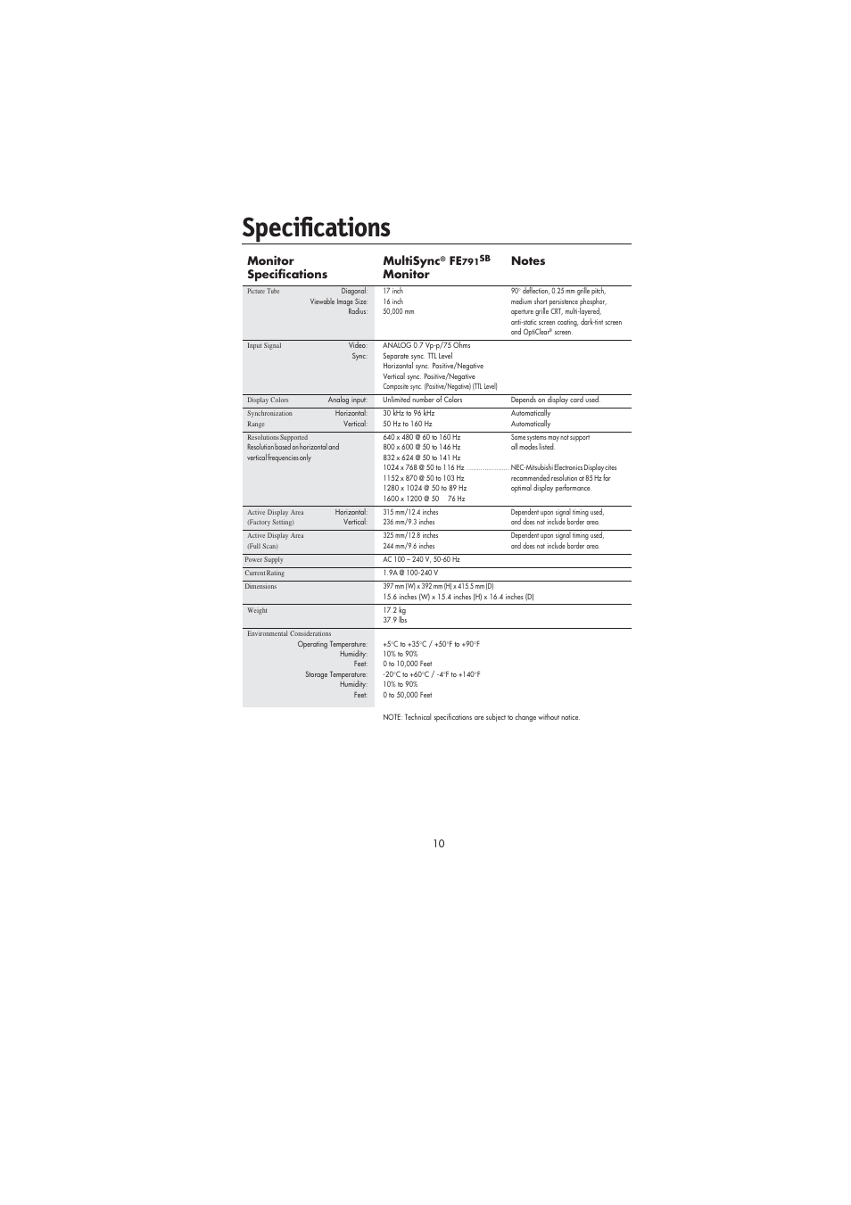 Specifications | NEC FE991SB User Manual | Page 12 / 41