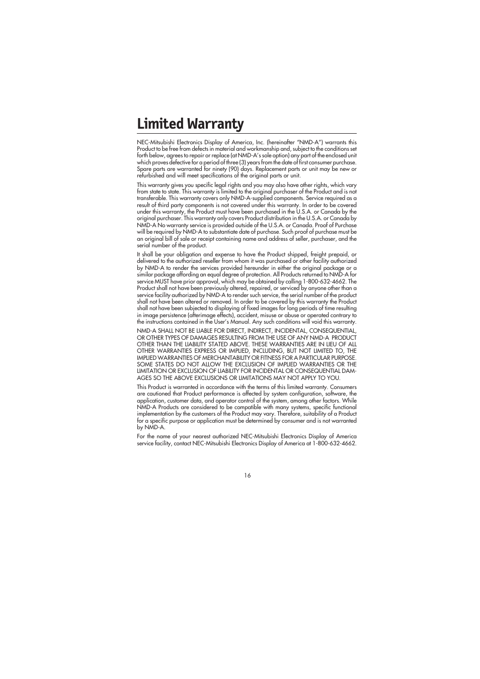 Limited warranty | NEC FE991SB User Manual | Page 18 / 41