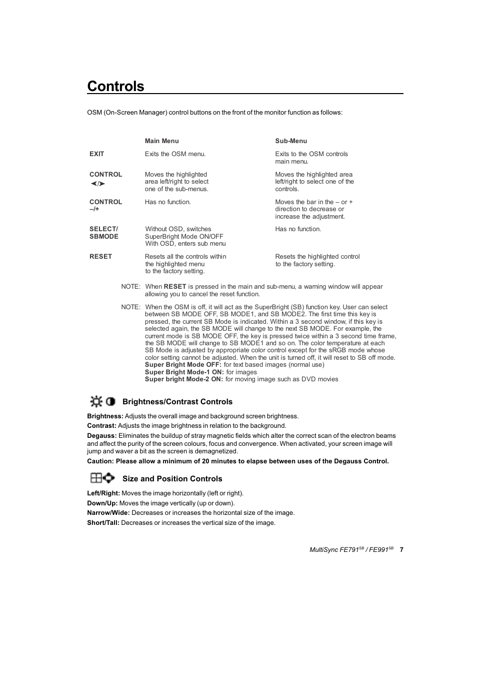 Controls | NEC FE991SB User Manual | Page 31 / 41