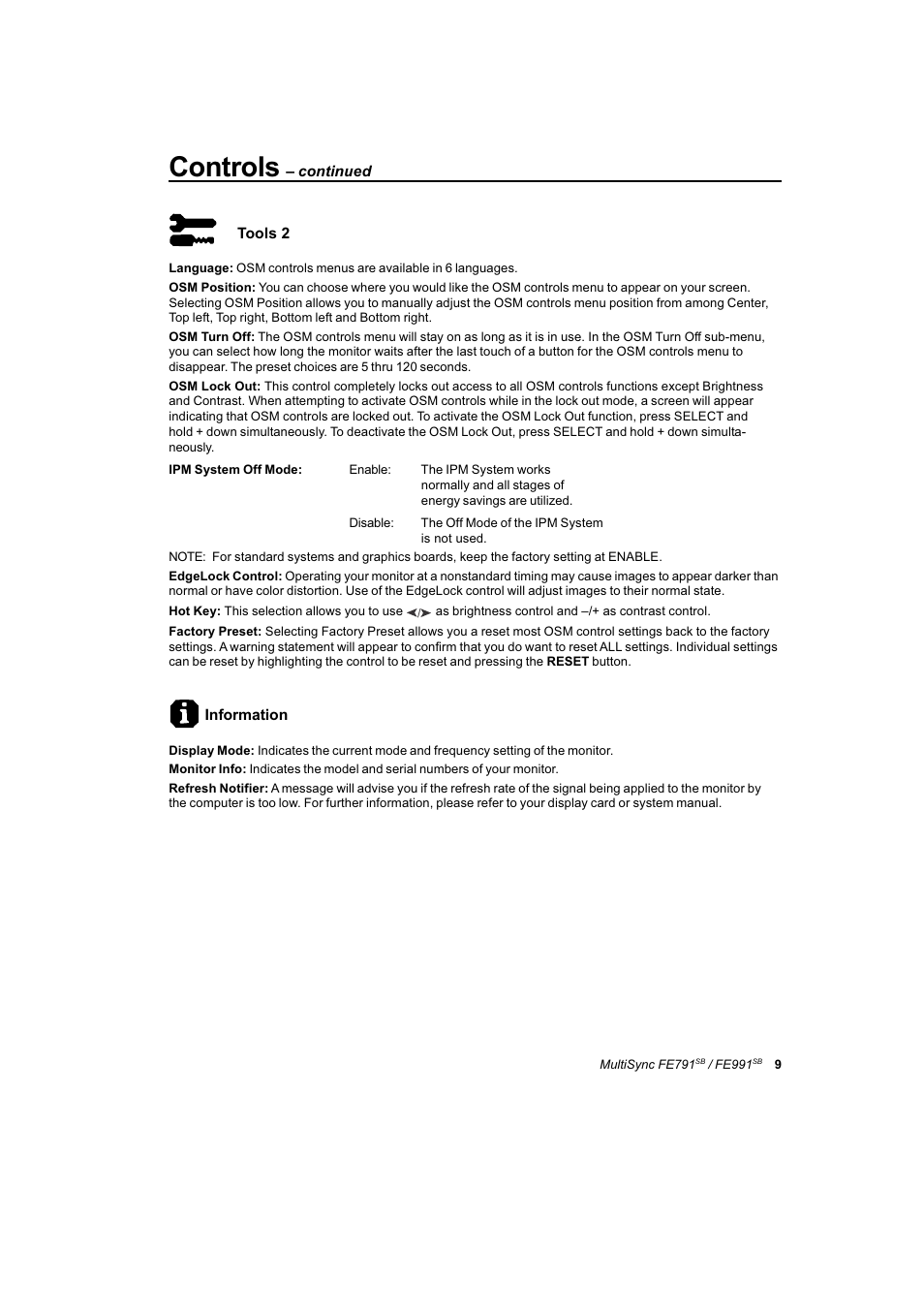 Controls | NEC FE991SB User Manual | Page 33 / 41